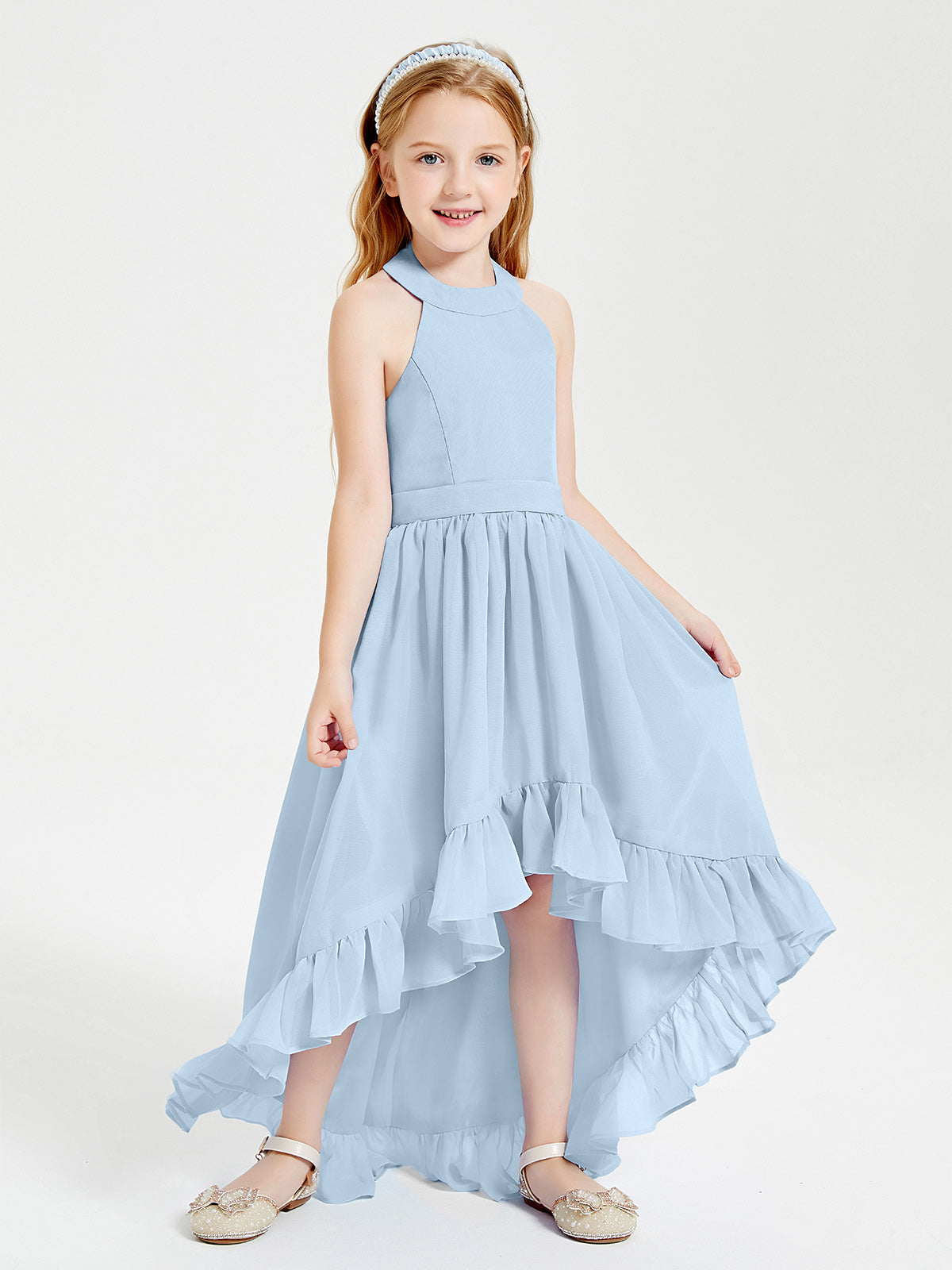 Trendy Boho Junior Bridesmaid Dresses Asymmetrical Cascading Skirt Sky Blue